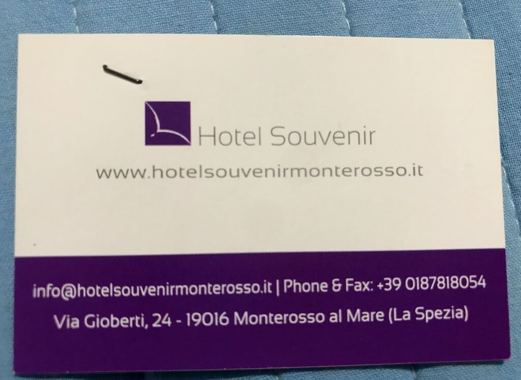 Tarjeta de contacto del Hotel Souvenir qué ver en Cinque Terre