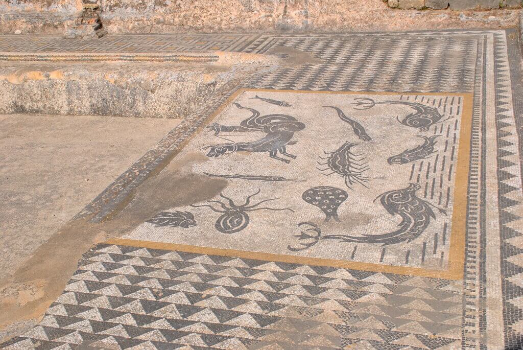 Mosaico perfectamente conservado en una casa de Volubilis