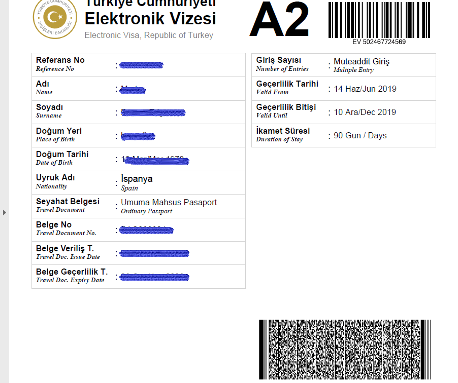 Documento físico del visado turco
